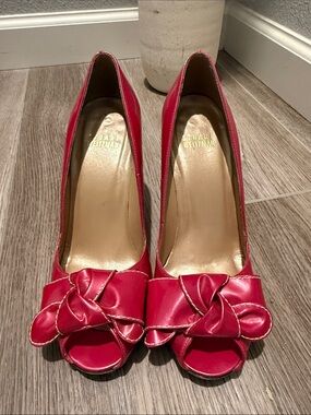 Stuart Weitzman Hot Pink Peep-Toe Bow Pumps